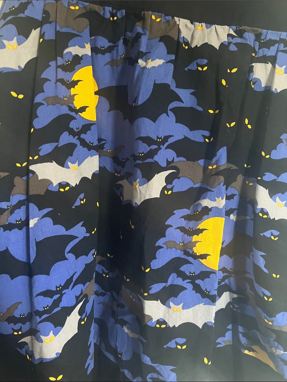 Retrolicious Black and Blue Bat Print Dress with Yellow Moons. - Picture 2 of 6